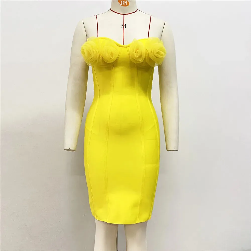 Trend4us Women's Chic Strapless Yellow Flower Bodycon Dress
