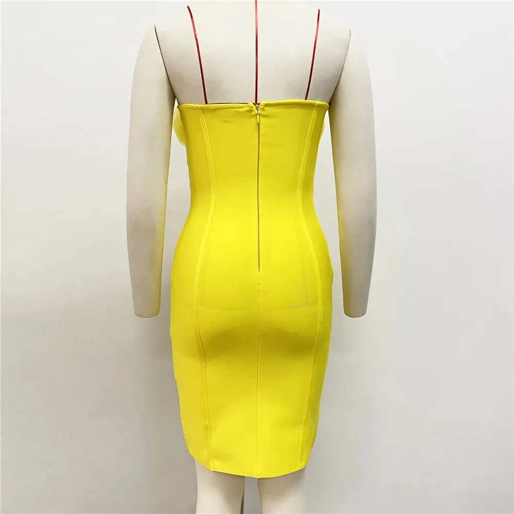 Trend4us Women's Chic Strapless Yellow Flower Bodycon Dress