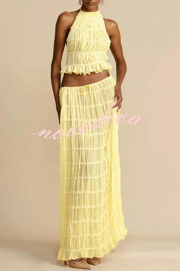 Versatility and Vintage Charm Pleated Drawstring Waist Tiered Maxi Skirt