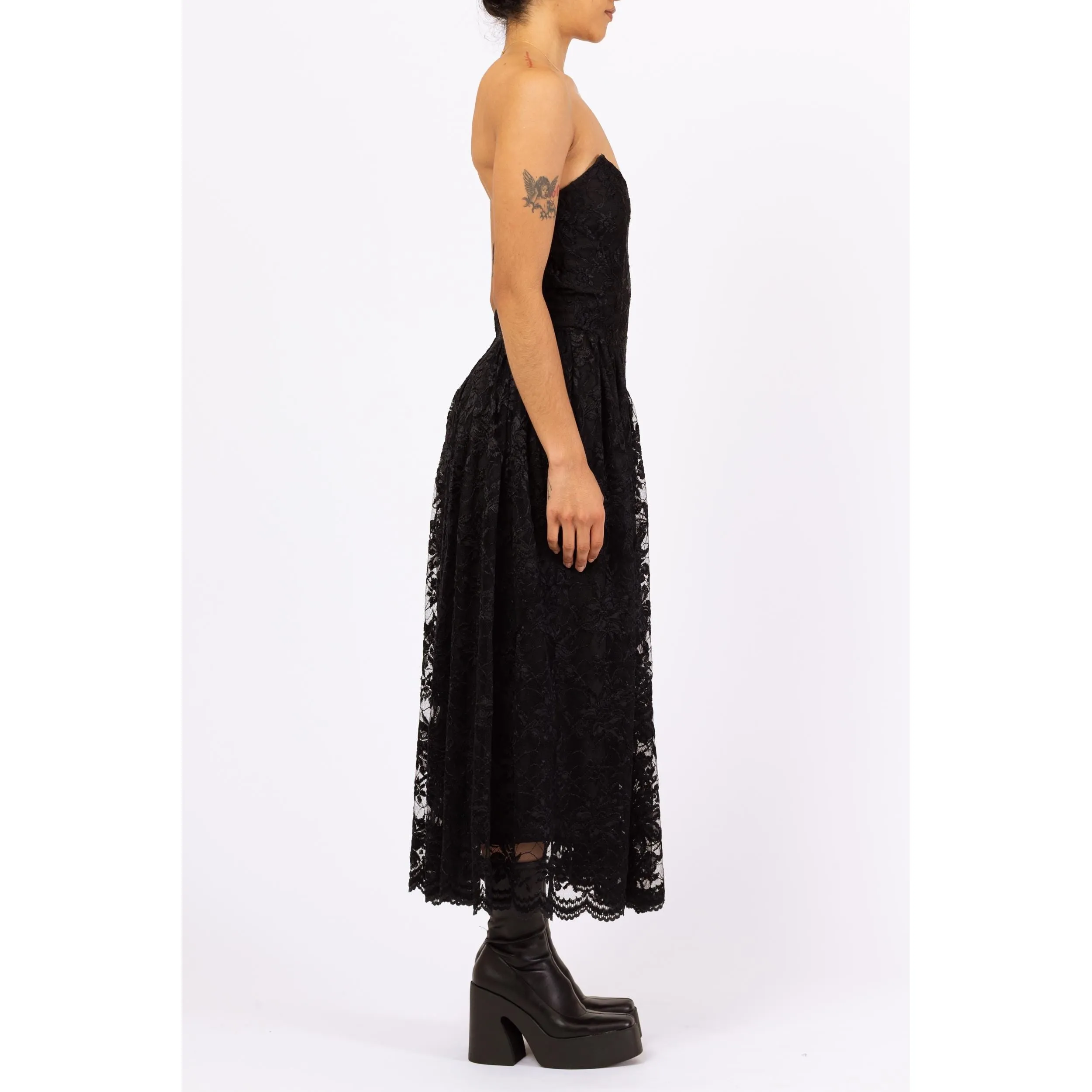 Vintage 80s Betsey Johnson Punk Label Black Lace Strapless Party Dress - Medium