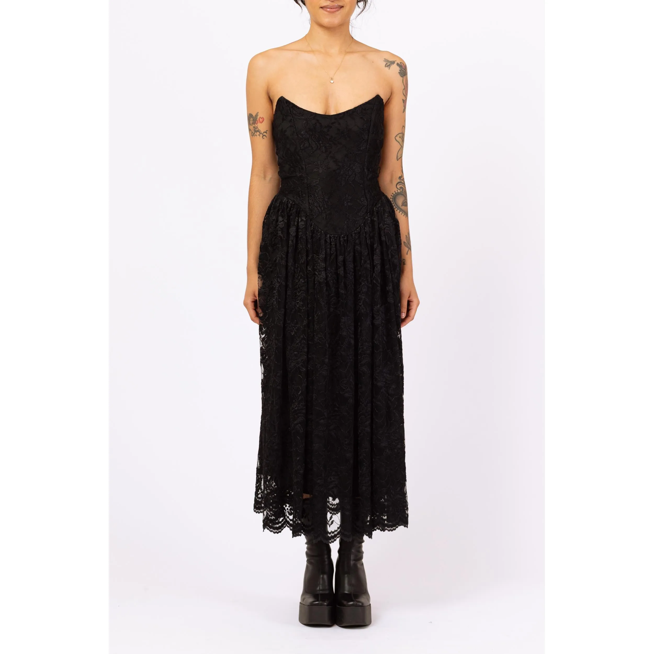 Vintage 80s Betsey Johnson Punk Label Black Lace Strapless Party Dress - Medium