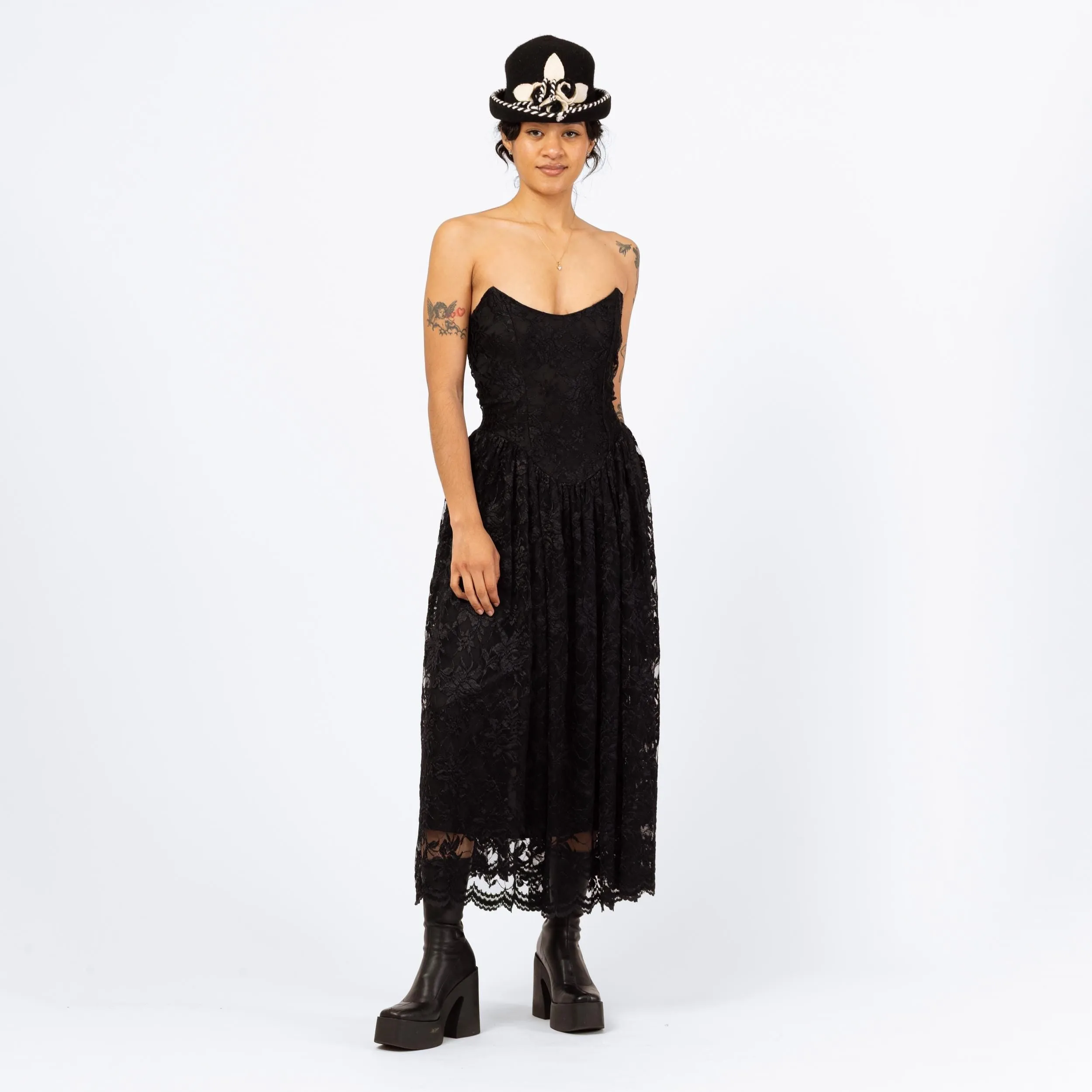 Vintage 80s Betsey Johnson Punk Label Black Lace Strapless Party Dress - Medium