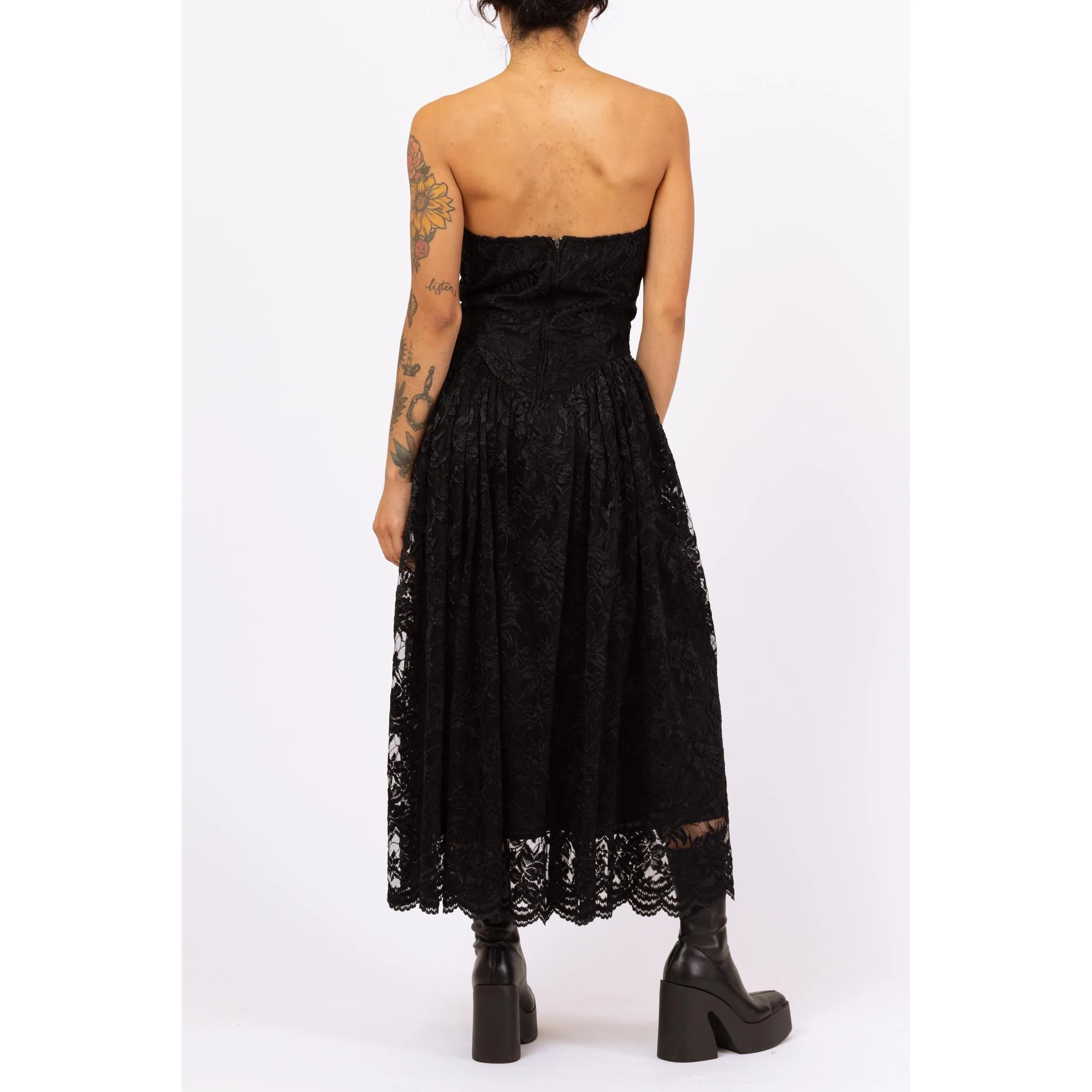 Vintage 80s Betsey Johnson Punk Label Black Lace Strapless Party Dress - Medium