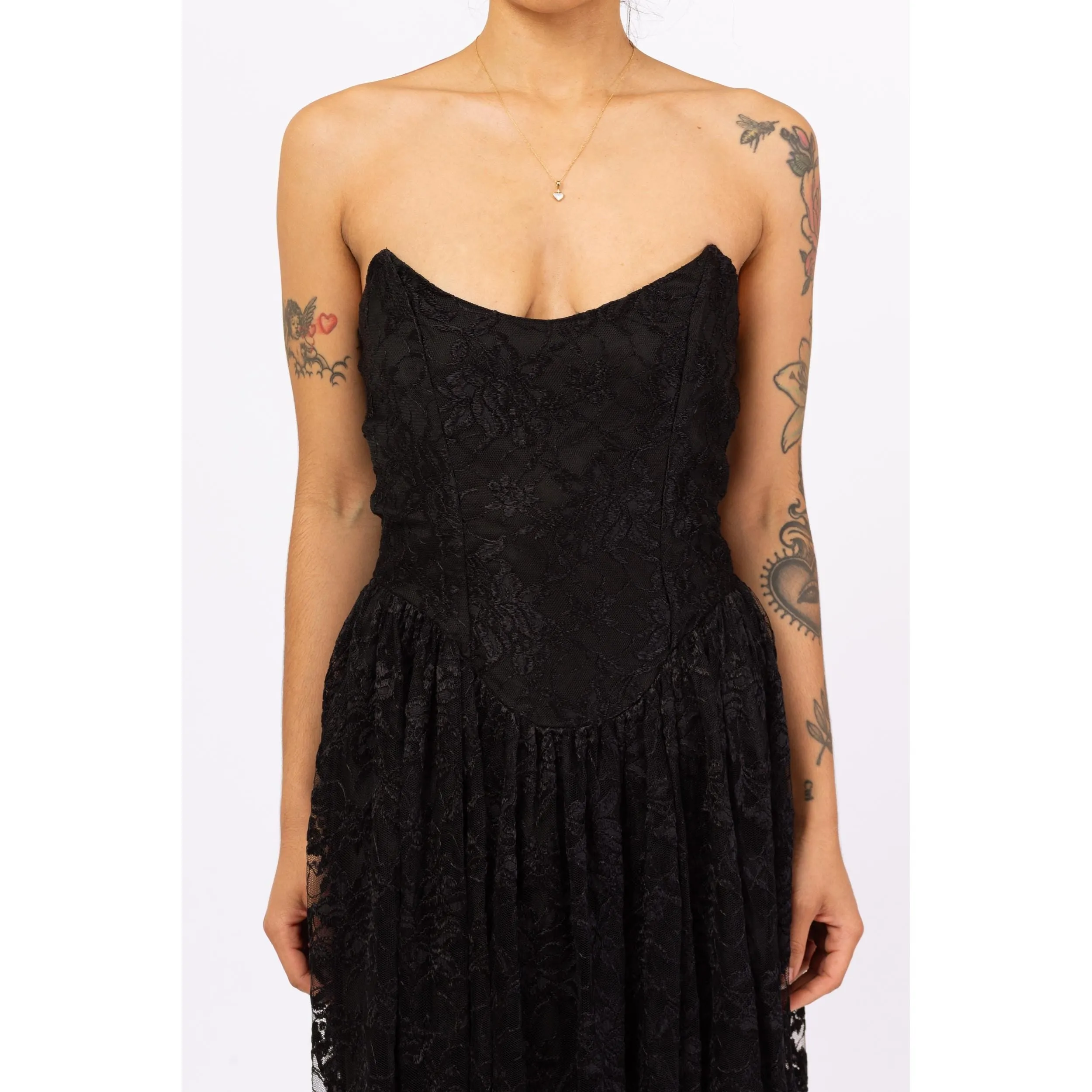 Vintage 80s Betsey Johnson Punk Label Black Lace Strapless Party Dress - Medium