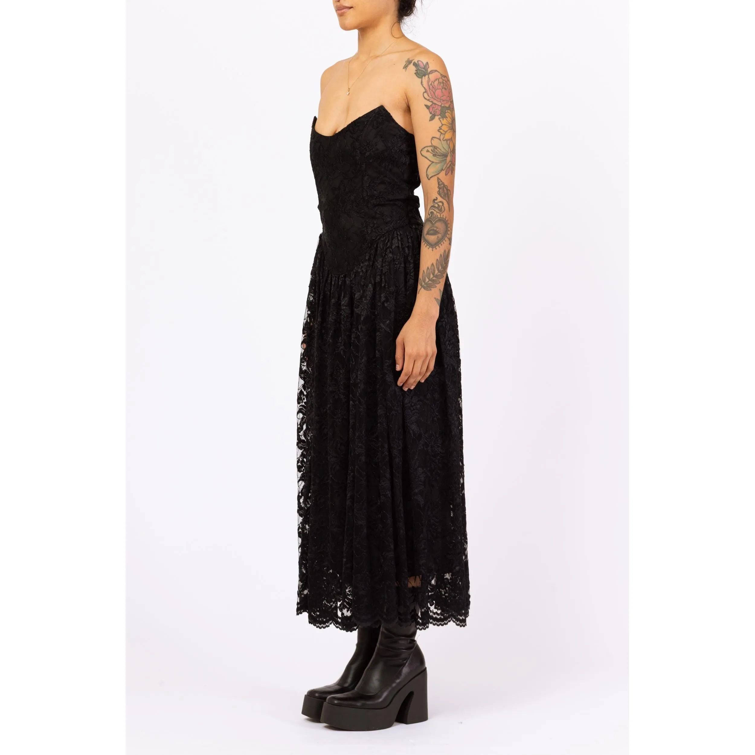 Vintage 80s Betsey Johnson Punk Label Black Lace Strapless Party Dress - Medium