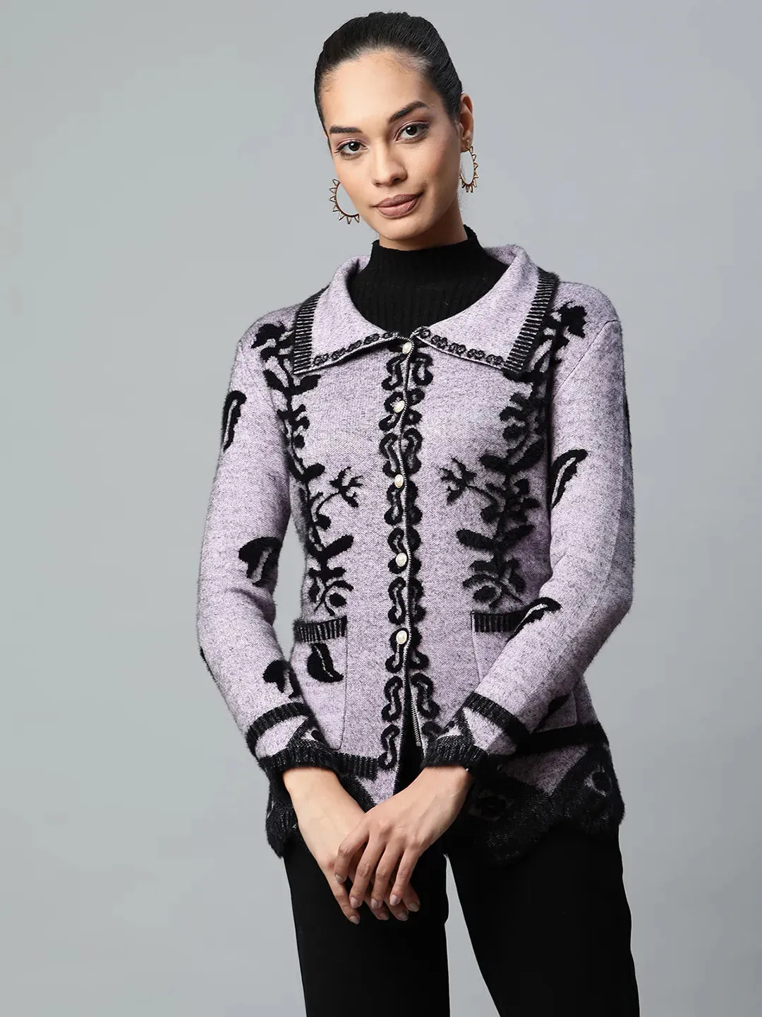 Women Light Purple Spread Collar Floral Pattern Furry Jersey Cardigan