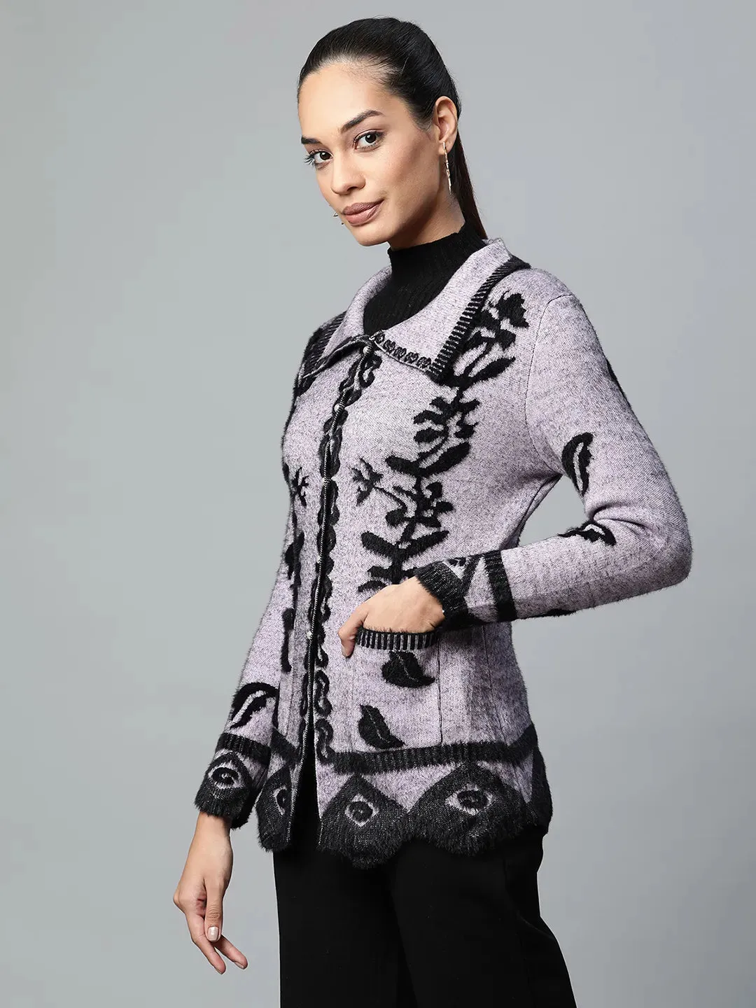 Women Light Purple Spread Collar Floral Pattern Furry Jersey Cardigan