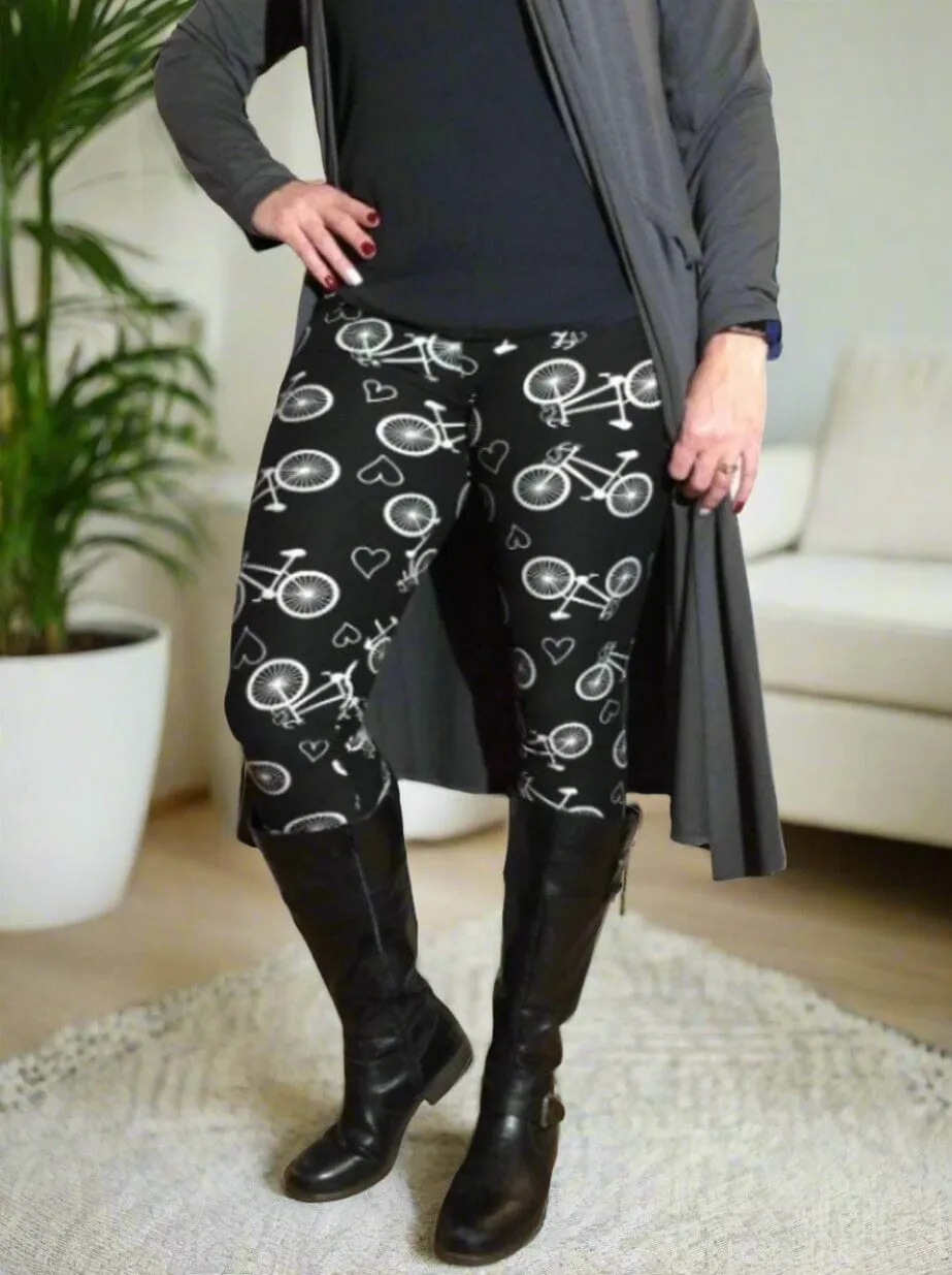 Womens Bike Heart Leggings, Valentines Day Leggings, Soft Yoga Pants, Sizes 0-18, No-Roll Waist, Black/White