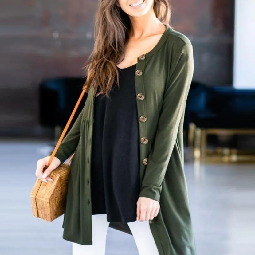 Women's button up fall cardigan long pocket cardigan solid color