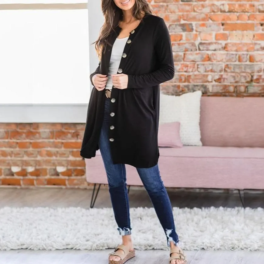 Women's button up fall cardigan long pocket cardigan solid color