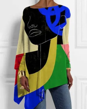 Women's Colorful Abstract Portrait Print Irregular Top