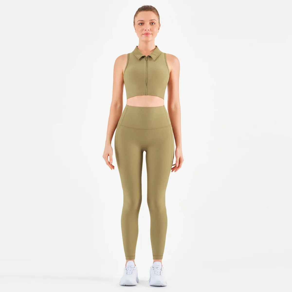 Women's Fitness Leggings Set with Ribbed Front Zip Sports Bra and Side Pocket for Yoga