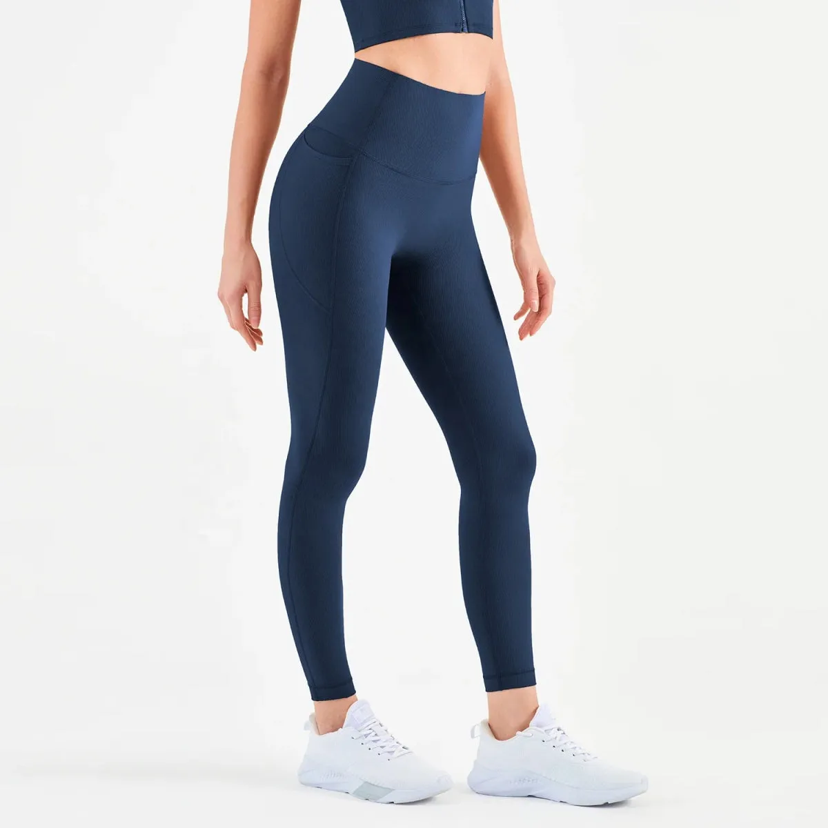 Women's Fitness Leggings Set with Ribbed Front Zip Sports Bra and Side Pocket for Yoga