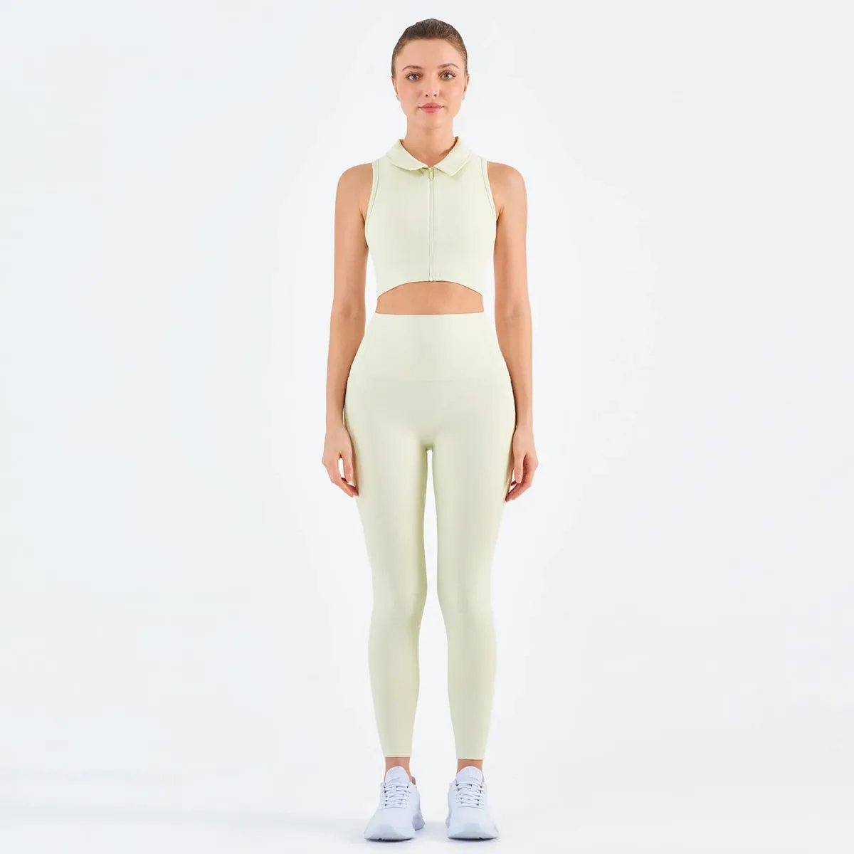 Women's Fitness Leggings Set with Ribbed Front Zip Sports Bra and Side Pocket for Yoga