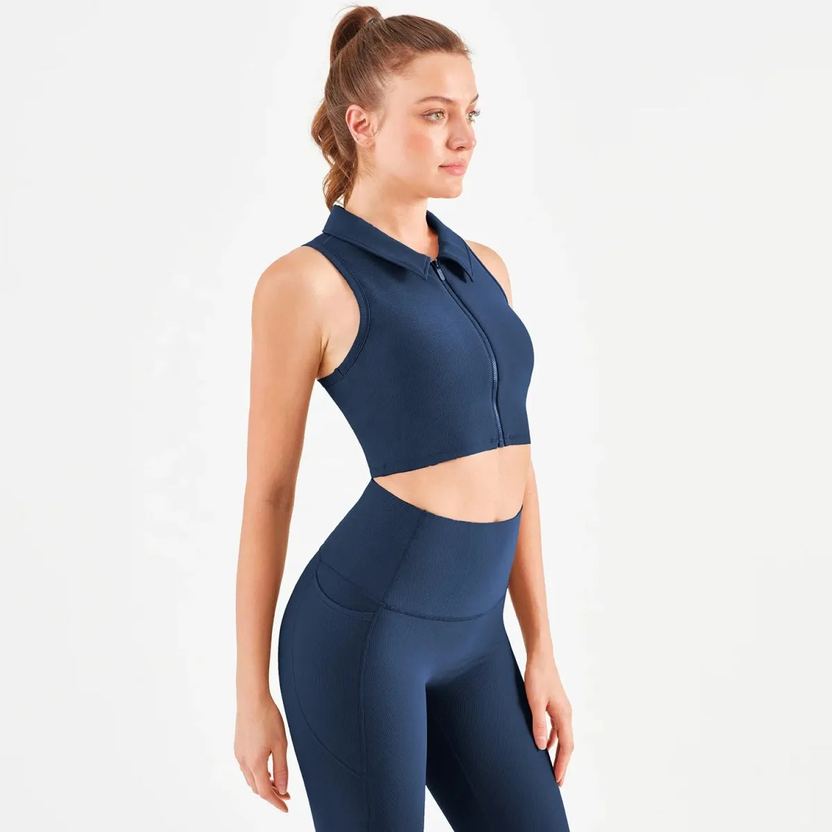 Women's Fitness Leggings Set with Ribbed Front Zip Sports Bra and Side Pocket for Yoga