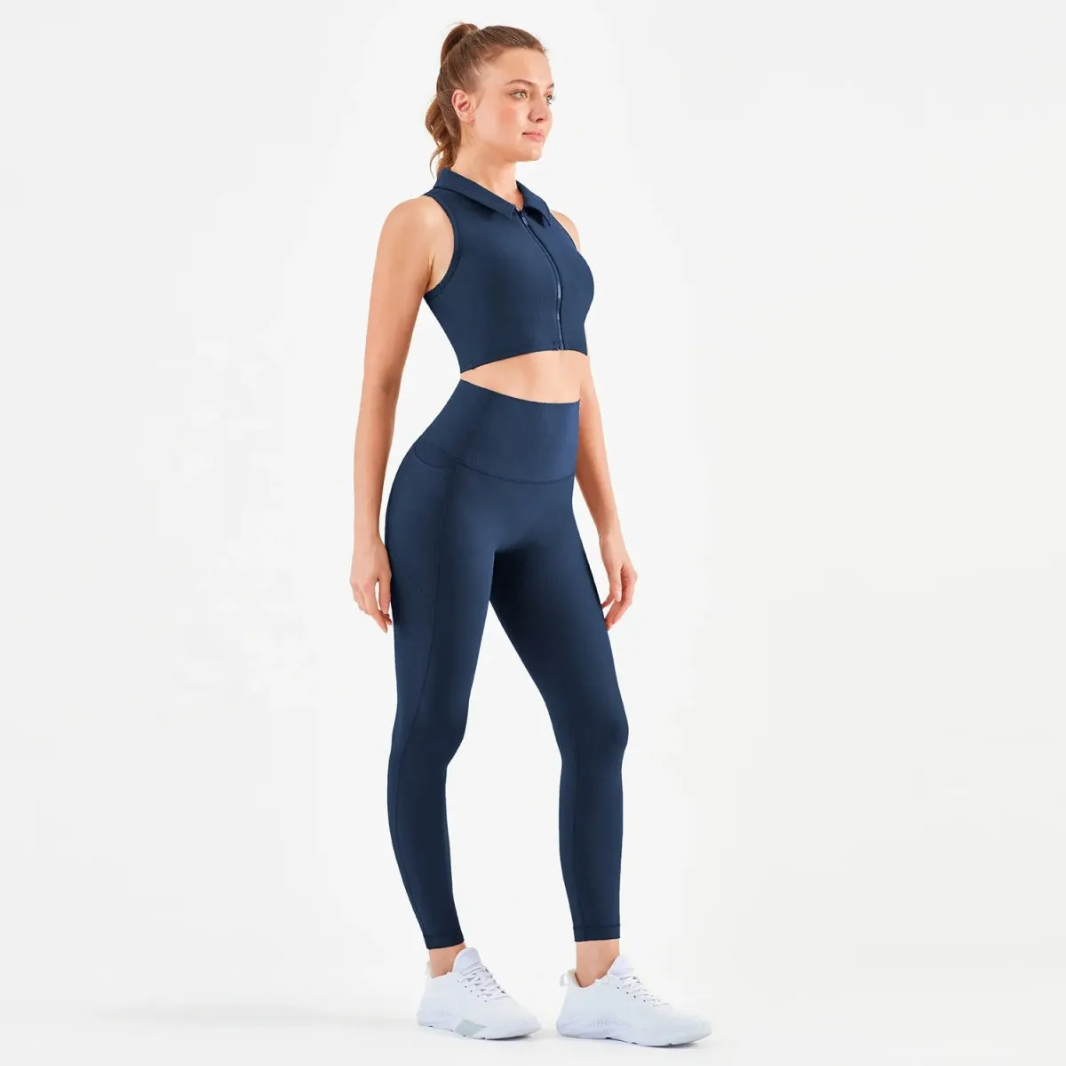 Women's Fitness Leggings Set with Ribbed Front Zip Sports Bra and Side Pocket for Yoga