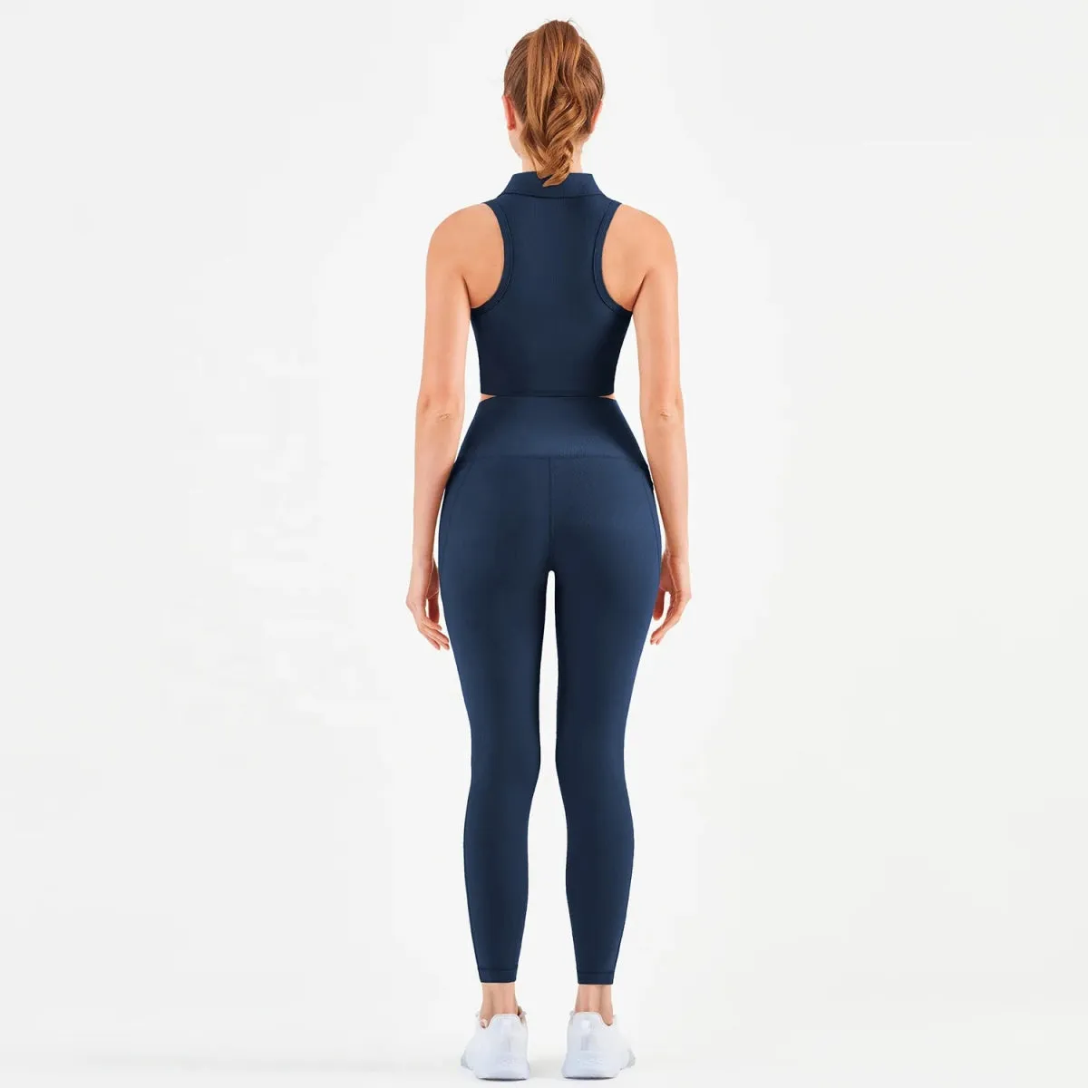 Women's Fitness Leggings Set with Ribbed Front Zip Sports Bra and Side Pocket for Yoga