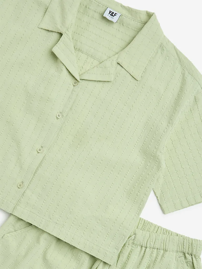Y&F Kids Sage Self-Striped Cotton Shirt & Shorts Set