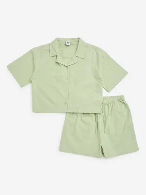 Y&F Kids Sage Self-Striped Cotton Shirt & Shorts Set