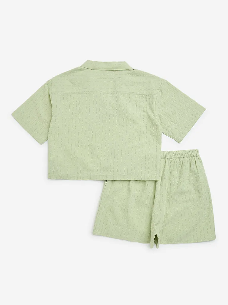 Y&F Kids Sage Self-Striped Cotton Shirt & Shorts Set