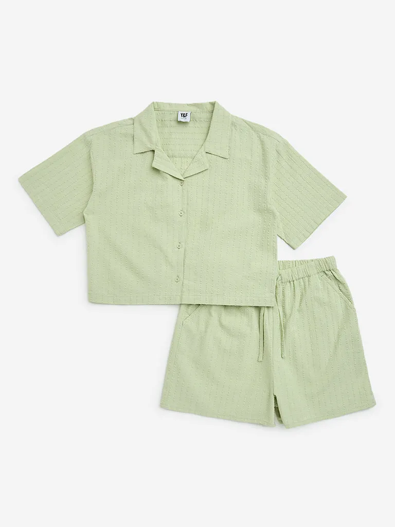 Y&F Kids Sage Self-Striped Cotton Shirt & Shorts Set