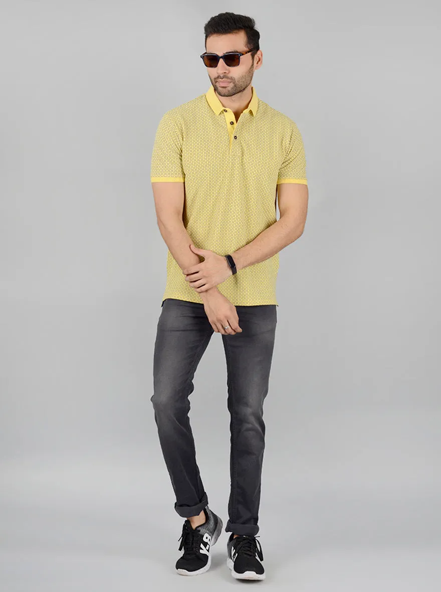 Yellow Printed Slim Fit Polo T-Shirt | JadeBlue